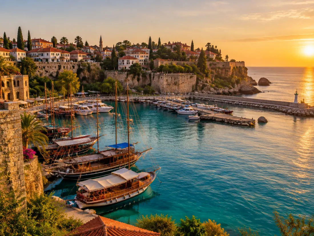Antalya old harbour at sunset (illustration)